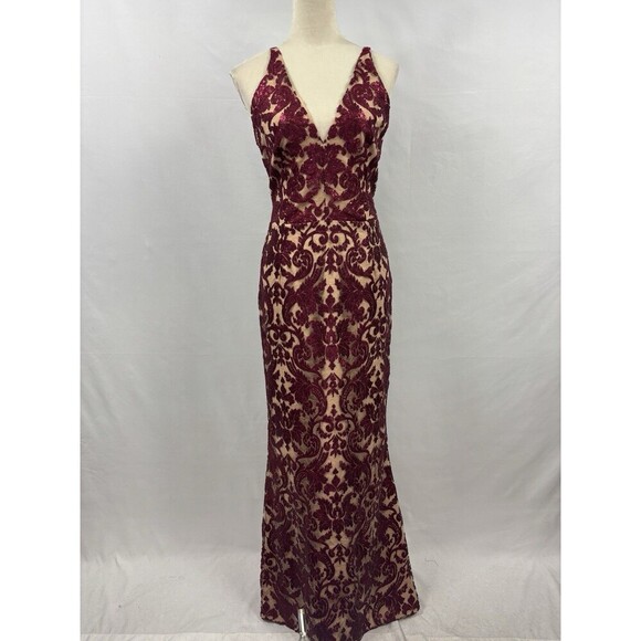 Dress the Population Maxi Dress Fleshtone Burgundy Red Sequins Large - Picture 11 of 12